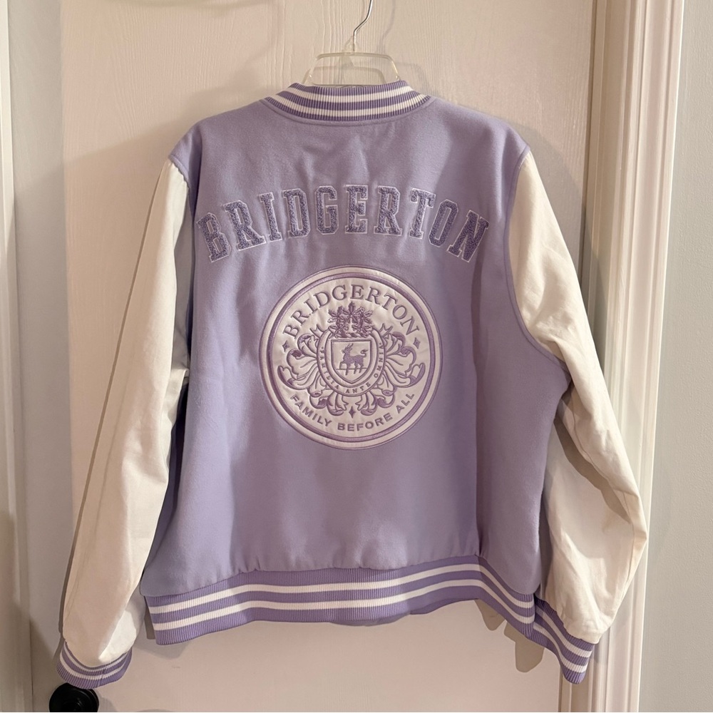 Her Universe Bridgerton 1X Lavender and White Varsity Jacket *never worn* - Picture 7 of 10